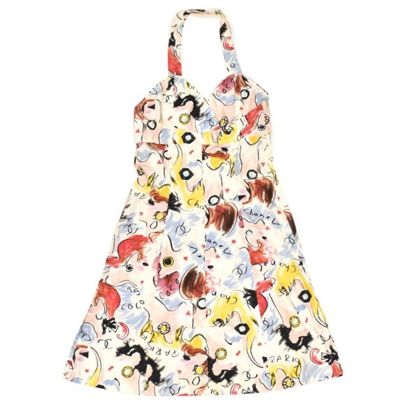 Authentic CHANEL Vintage 1995 CC Halter Neck Comic Print Swimsuit Flare Dress - Picture 3 of 8